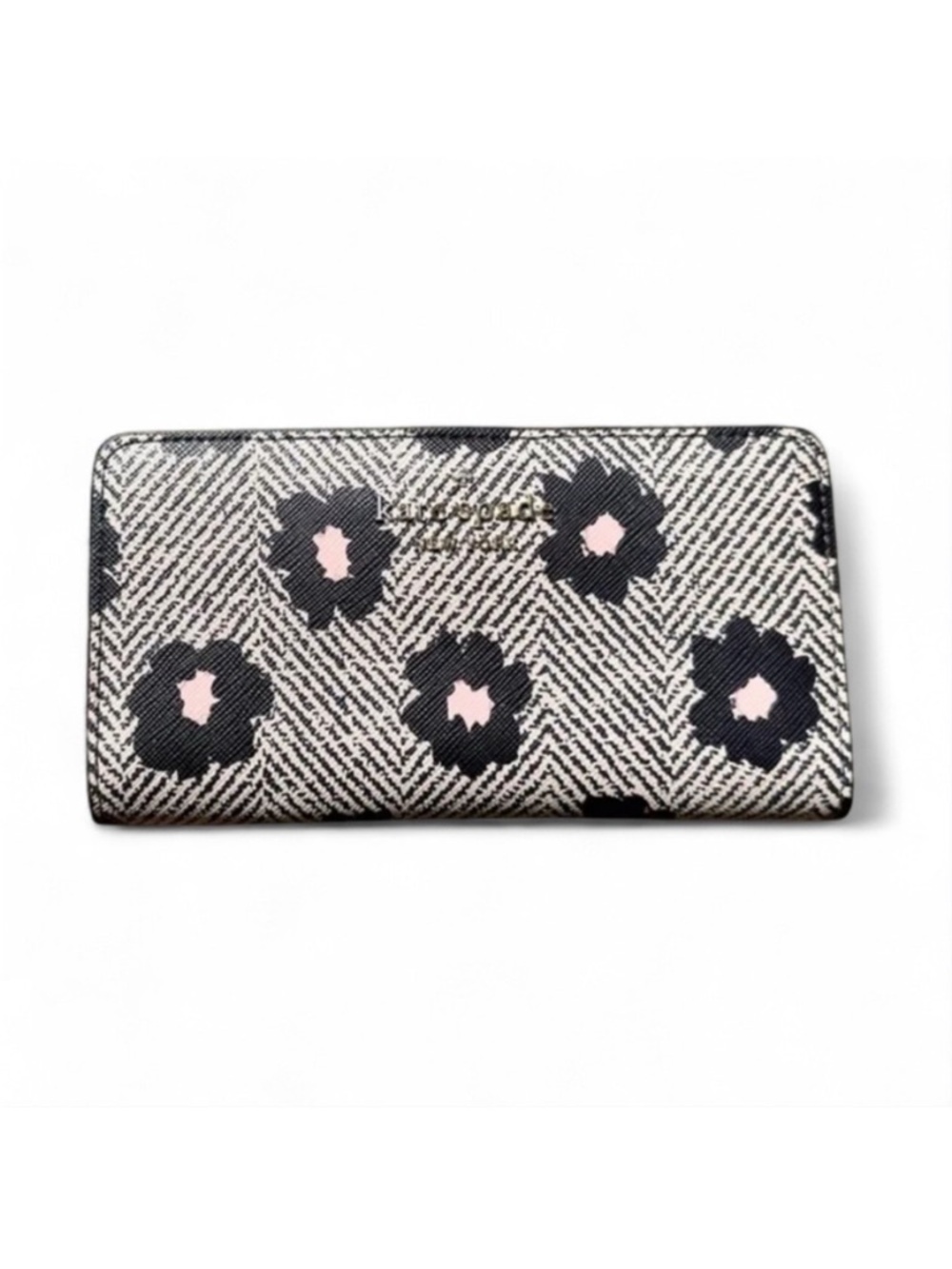 kate spade ♠️ Black Floral Print Continental Zip Bifold Wallet with Pink Accents